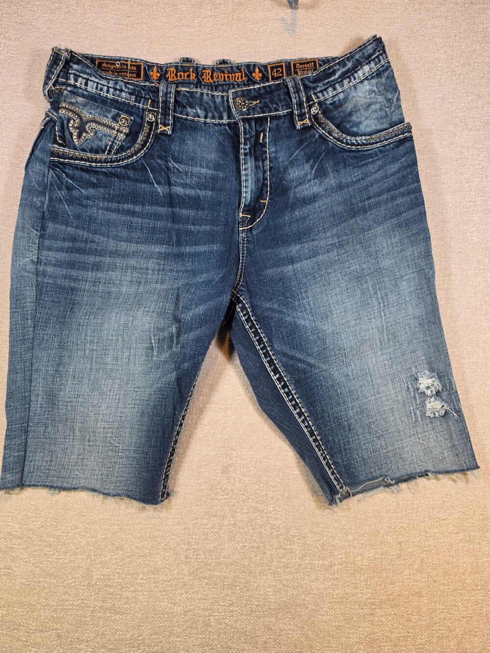 Rock Revival Dorset Straight Cutoff Denim Shorts Bling Flap Pocket Men Size 42